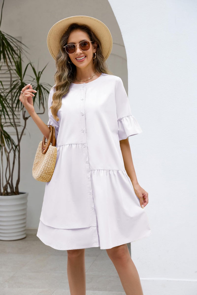 Choichic Button Down Shirt Dresses for Women with Pockets Flare Bell Sleeve A-Line Midi Tunic Dress Large White - Image 4