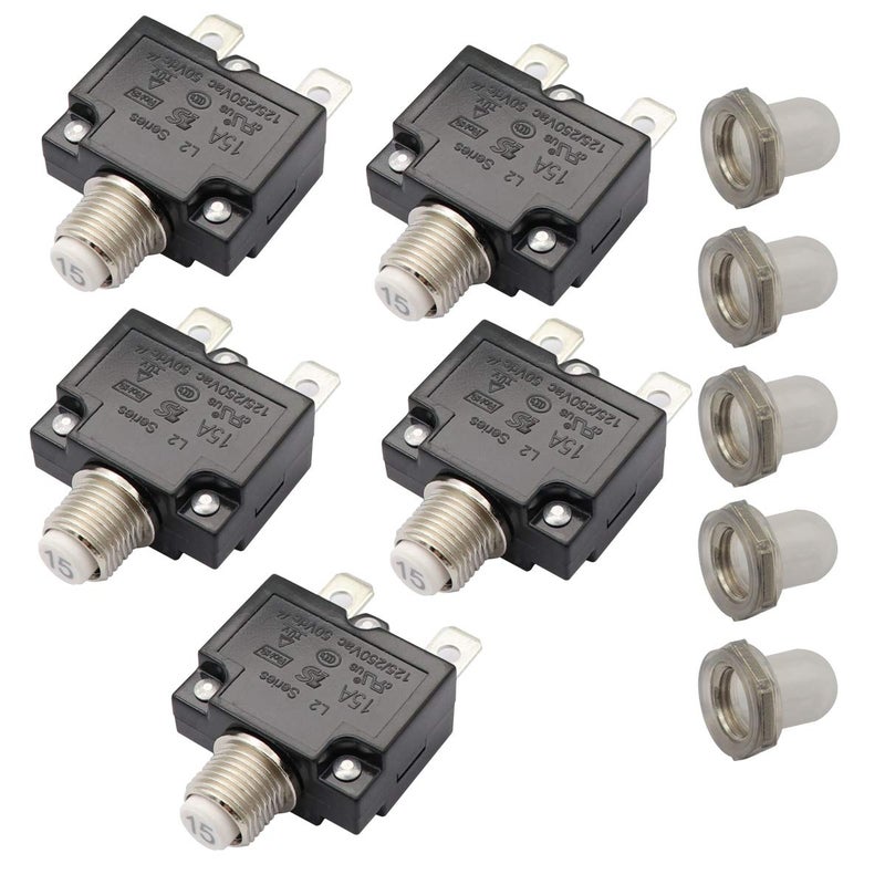 T Tocas 5pcs Push Button Reset 15A Circuit Breakers with Quick Connect Terminals and Waterproof Button Cap - Image 2