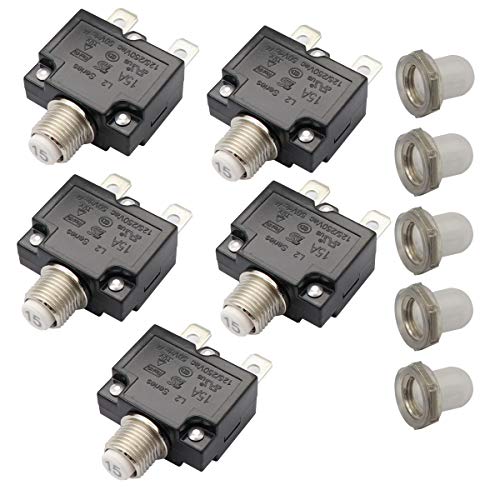 T Tocas 5pcs Push Button Reset 15A Circuit Breakers with Quick Connect Terminals and Waterproof Button Cap - Image 1