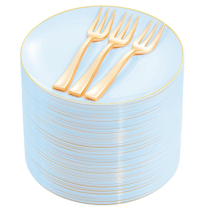 Festiva 200Pcs Blue Gold Cake Plates 63 with Plastic Forks 5 Disposable Blue DessertAppetizerSalad Plates serve 100 guests for PartyWeddingEaster - Image 3