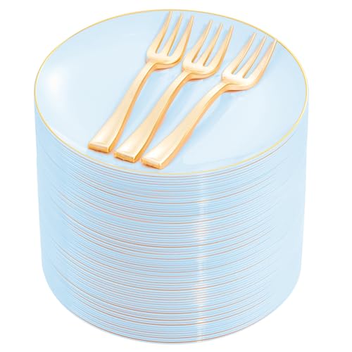 Festiva 200Pcs Blue Gold Cake Plates 63 with Plastic Forks 5 Disposable Blue DessertAppetizerSalad Plates serve 100 guests for PartyWeddingEaster - Image 2