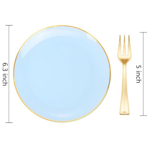 Festiva 200Pcs Blue Gold Cake Plates 63 with Plastic Forks 5 Disposable Blue DessertAppetizerSalad Plates serve 100 guests for PartyWeddingEaster - Image 5