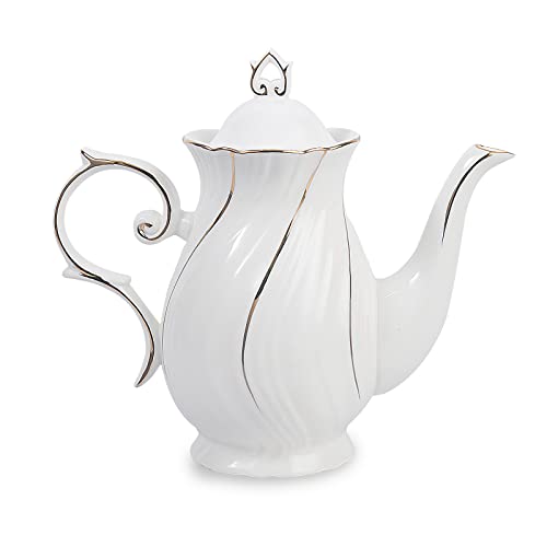 Agyiuns tea pot ceramic with lid 388 Oz for Tea Milk Coffee Flower teaWhite with gold thread - Image 1