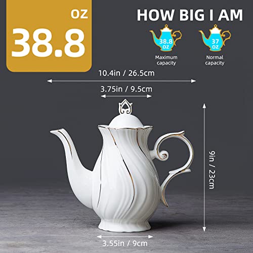 Agyiuns tea pot ceramic with lid 388 Oz for Tea Milk Coffee Flower teaWhite with gold thread - Image 3