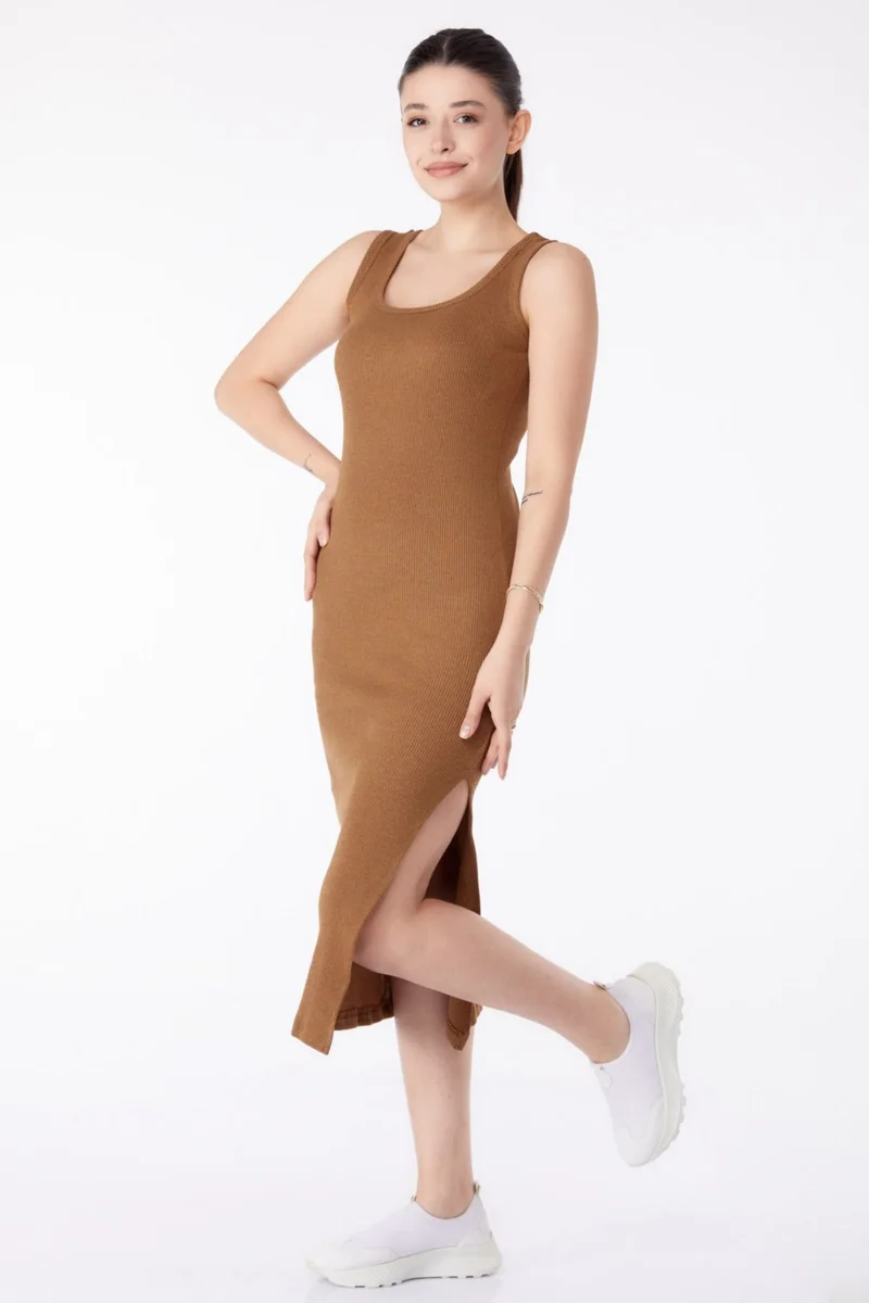 Tofisa Plain Mid Women's Tan Square Neck Slit Midi Dress - 24529