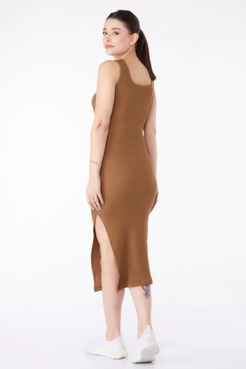 Tofisa Plain Mid Women's Tan Square Neck Slit Midi Dress - 24529