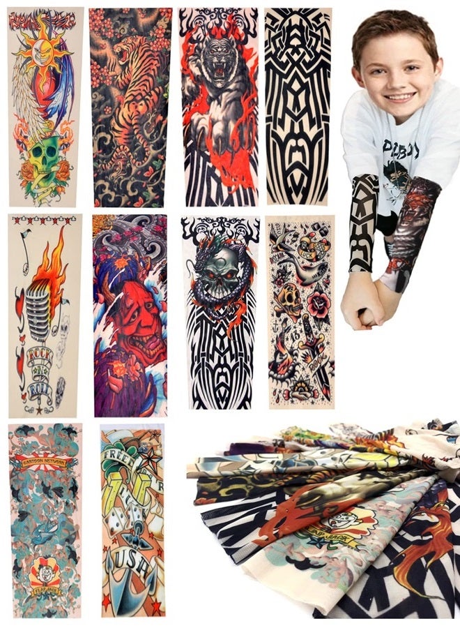 iToolai Kids Tattoo Sleeves for Boys Grils, 10 Pcs Temporary Arm Tattoo Sleeves for Children Baby, Fake Slip On Sunscreen UV Protection Cooling Arms Sleeves - Image 1