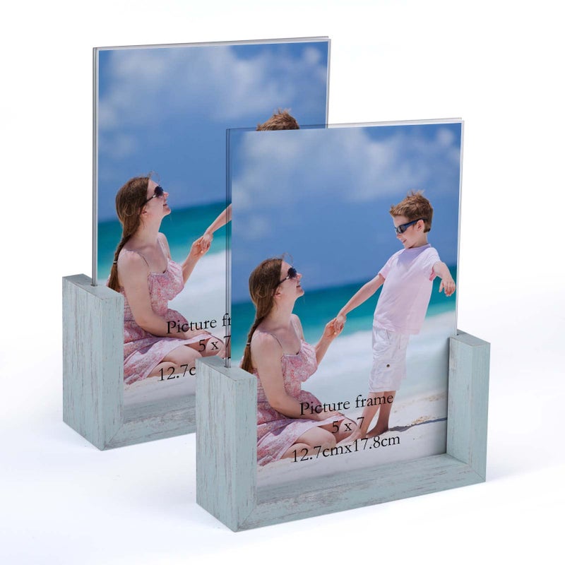 إطار صور PETAFLOP 5x7 حزمة 2 إطار صور زجاجي مزدوج الجوانب 5x7 إطار صور على شكل U باللون الأزرق للاستخدام على المكتب أو الطاولة