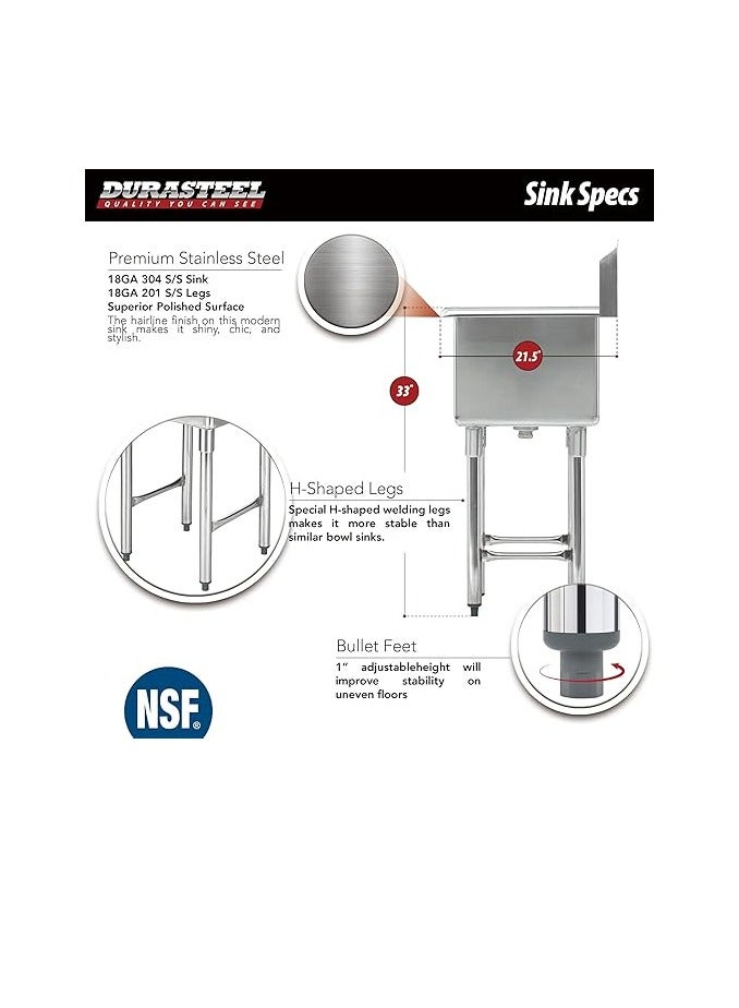 DuraSteel Stainless Steel Prep & Utility Sink - 1 Compartment Commercial Kitchen Sink - NSF Certified - Single 18" x 18" Inner Tub with No Lead Faucet (Restaurant, Kitchen, Laundry, Garage) - Image 4
