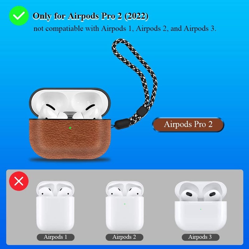 OneNine PU Leather Protective Case for Airpods Pro 2, Luxury Lightweight Drop-Proof Full Protection Skin Cover with Lanyard, Compatible with Airpods Pro 2nd Generation 2022 Case, Front LED Visible - Image 2
