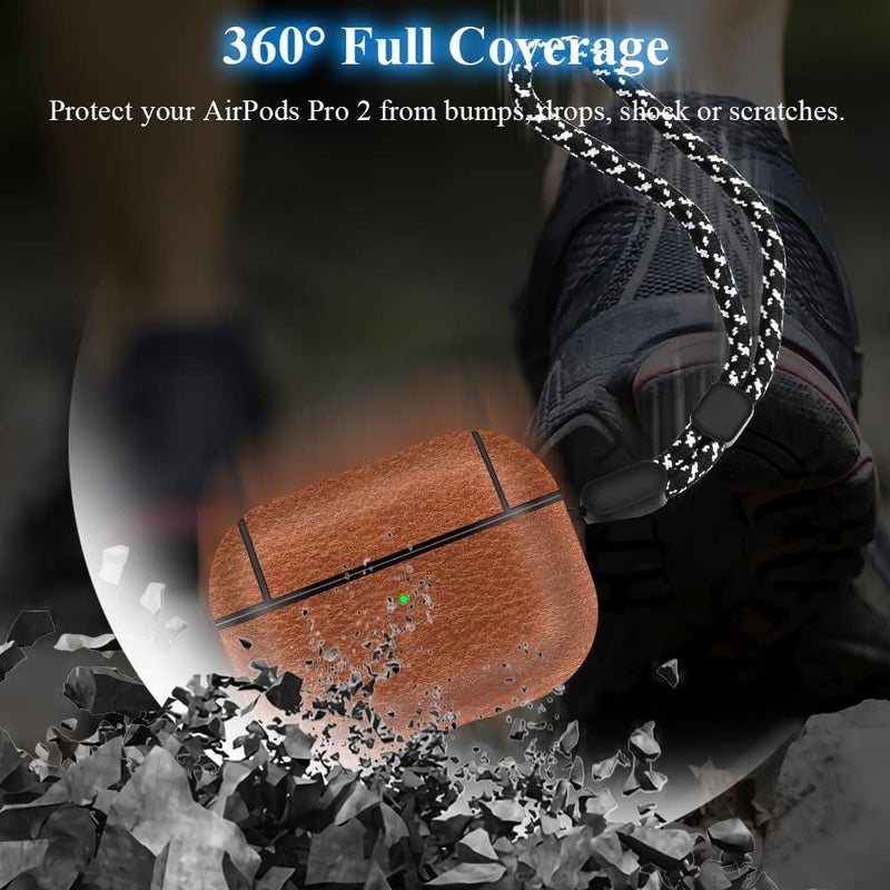 OneNine PU Leather Protective Case for Airpods Pro 2, Luxury Lightweight Drop-Proof Full Protection Skin Cover with Lanyard, Compatible with Airpods Pro 2nd Generation 2022 Case, Front LED Visible - Image 4