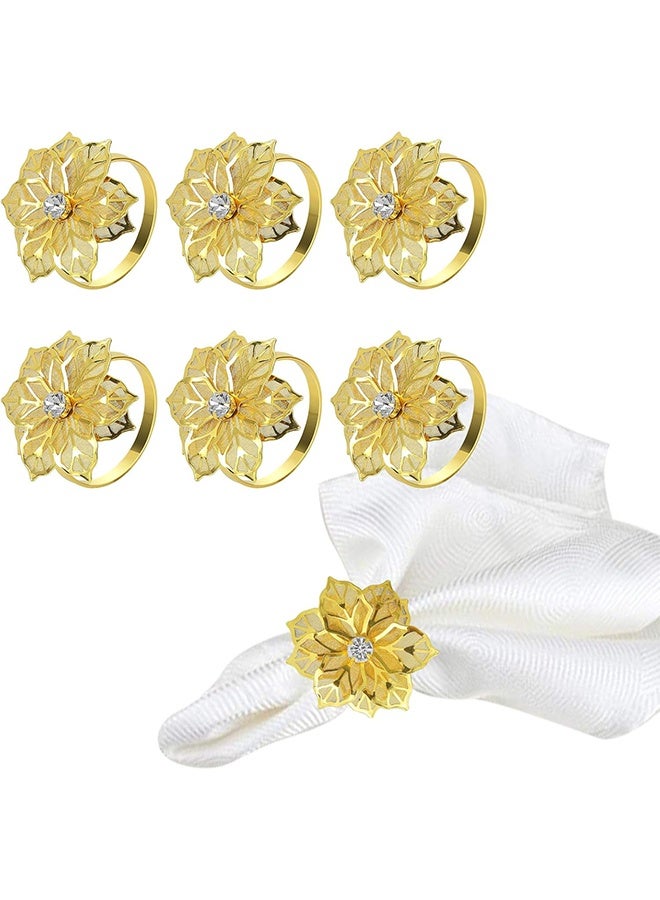 Pack of 6 Napkin Rings Alloy Hollow Out Flower Napkin Holder Dinning Table Napkin Ring for Dinner Parties Wedding Banquet Table Setting Family Gatherings Table Decor (Gold Flower） - Image 1