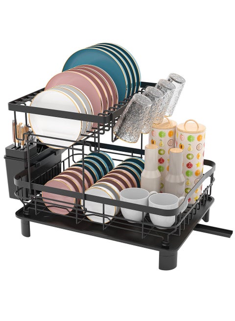 Dish Drying Rack - Double Layer Dish Rack with Drainage Plate and Rotating Nozzle,  Dish Drainers with Tableware Rack and Cup Holder