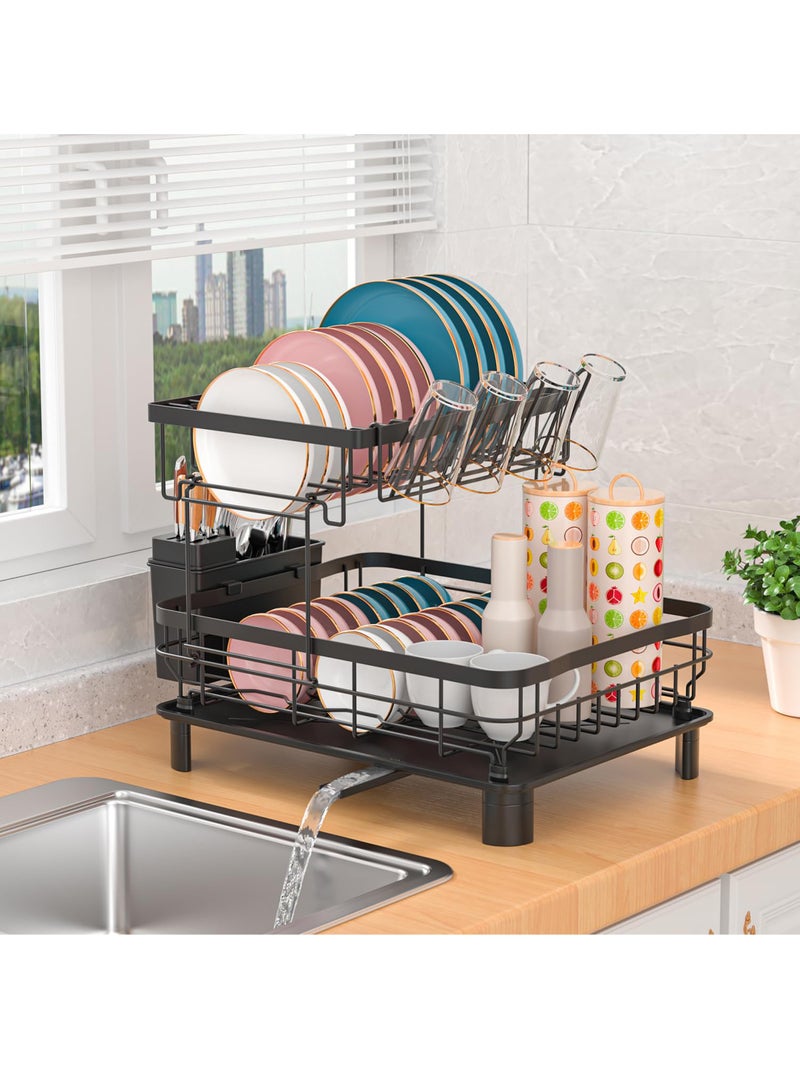 Uwals Dish Drying Rack - Double Layer Dish Rack with Drainage Plate and Rotating Nozzle,  Dish Drainers with Tableware Rack and Cup Holder - Image 2