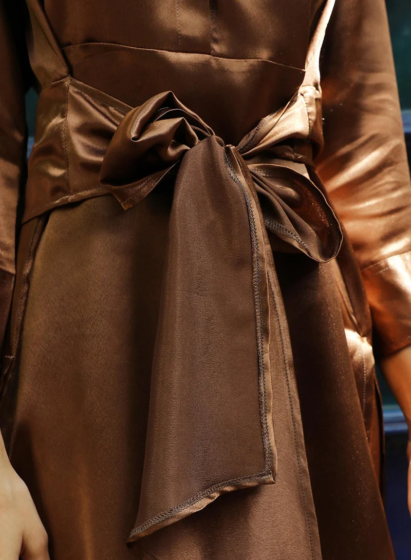 قصة Women's Chocolate Brown Satin Tie-Up Kurta With Trousers