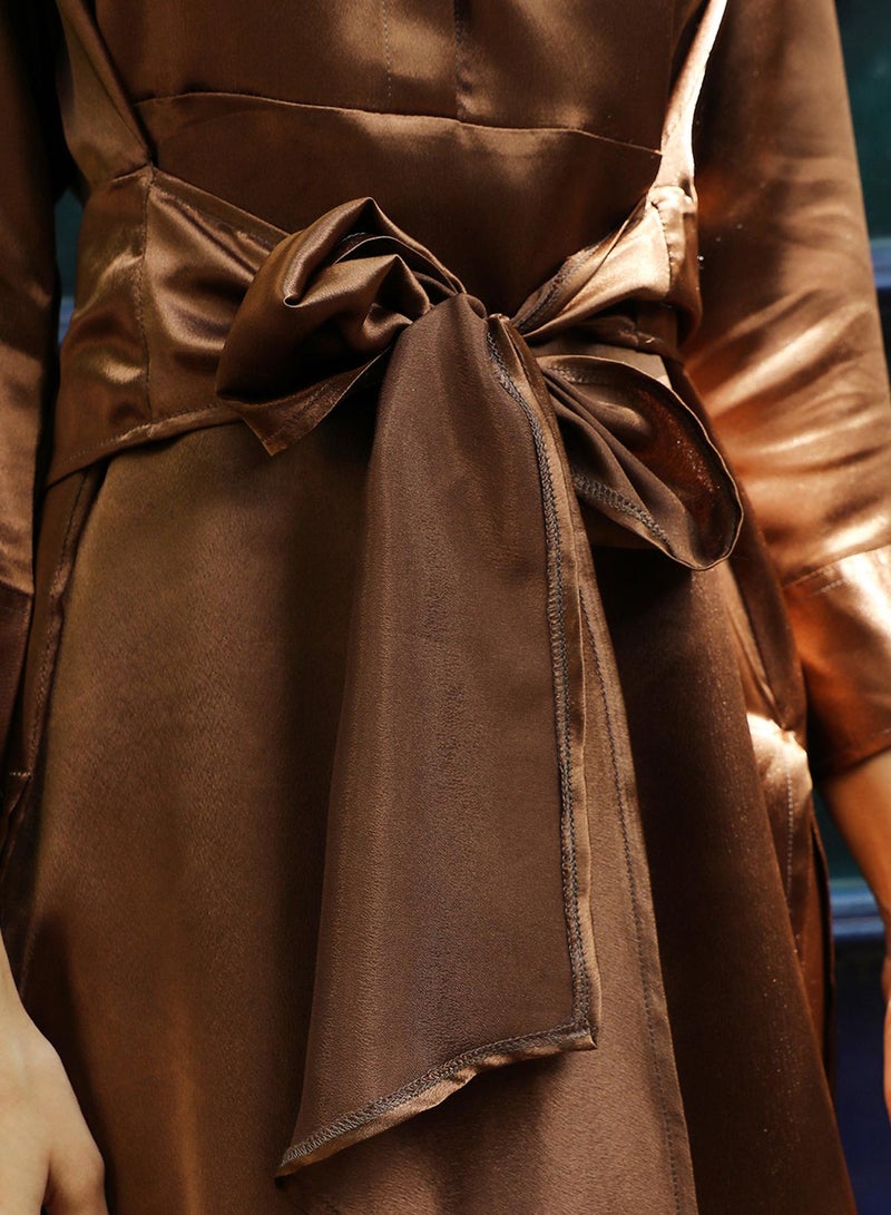 Women's Chocolate Brown Satin Tie-Up Kurta With Trousers