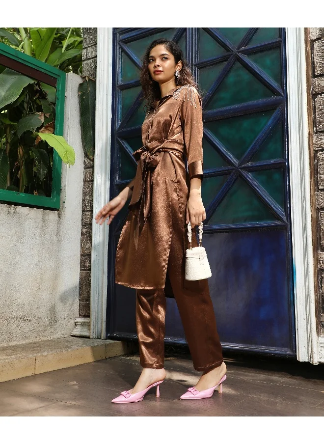 QISSA Women's Chocolate Brown Satin Tie-Up Kurta With Trousers