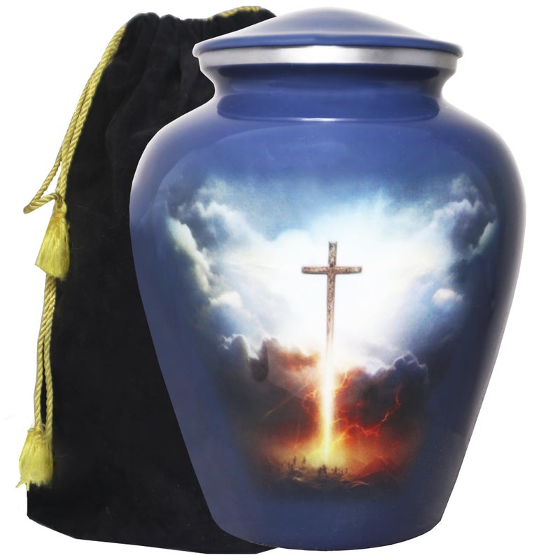 M MEILINXU Cremation Urns for Human Ashes Adult Man or Women, Urn for Ashes Adult Male or Female, Religion Cross, Funeral Decorative Urn for Burial, Religious Crosses, Grey Blue - Large Full Size - Image 1