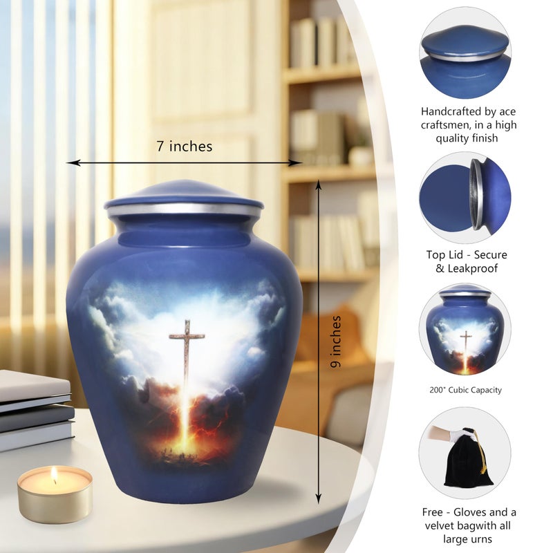 M MEILINXU Cremation Urns for Human Ashes Adult Man or Women, Urn for Ashes Adult Male or Female, Religion Cross, Funeral Decorative Urn for Burial, Religious Crosses, Grey Blue - Large Full Size - Image 2