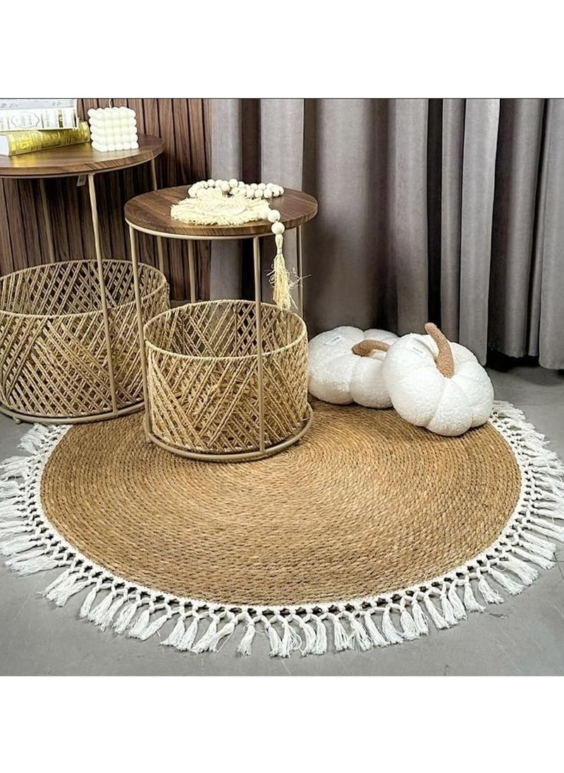 LINGWEI Round Handwoven Jute Braided Area Rug – 80 cm Rustic Vintage Beige Reversible Carpet, Boho Farmhouse Style for Bedroom, Living Room, Kitchen – Natural Jute Decor  - Image 4