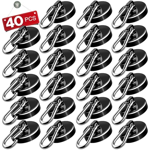 E BAVITE Carabiner Magnetic Hooks, 110LBS Strong Black Magnetic Hooks Heavy Duty with Swivel Carabiner Hook, Great for Hanging for Cruise, Garage, Kitchen, Refrigerator, Locker (40Pack) - Image 1