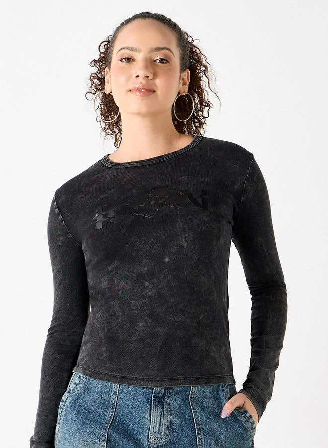 Mickey Mouse Print T-shirt with Crew Neck and Long Sleeves