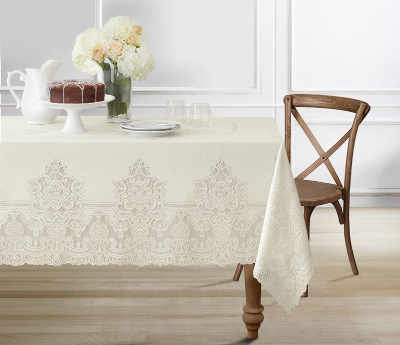 Newbridge Holiday Allison Rectangle Lace Tablecloth 60 x 84 Inch Heirloom Scalloped Polyester Lace Table Cloth Ivory