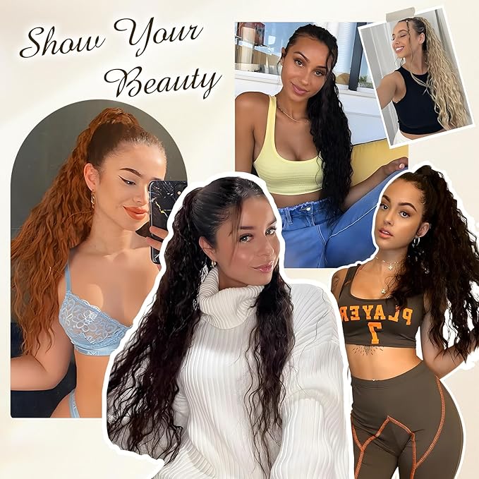 FESHFEN Claw Clip Ponytail Extensions Long Pony Tail Hair Piece Wavy Curly Synthetic Hairpieces for Women Platinum Blonde 26 inch