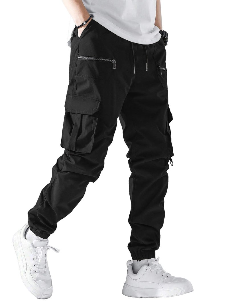 PLEPAN Mens Cargo Pants Elastic Waist Drawstring Casual Joggers Hiking Workout Tapered Sweatpants with Multi Pockets, Black, M - Image 1