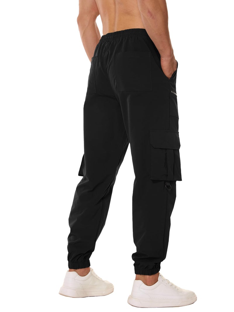 PLEPAN Mens Cargo Pants Elastic Waist Drawstring Casual Joggers Hiking Workout Tapered Sweatpants with Multi Pockets, Black, M - Image 3