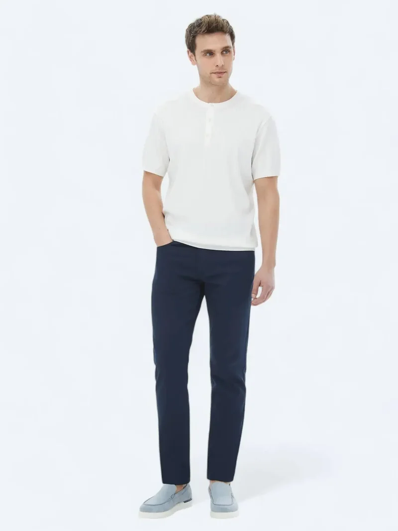 Kip Navy Blue Weaving Slim Fit Casual Cotton Blended Trousers