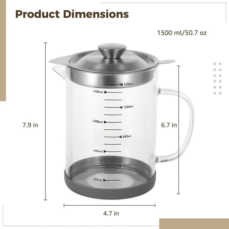 Maylmc Premium Bacon Grease Saver with Strainer - Large 1.5L Grease Container for Kitchen with Stainless Steel Filter, Used Oil Storage & Bacon Drippings Keeper (50oz, Borosilicate Glass, Non-Slip Base) - Image 4
