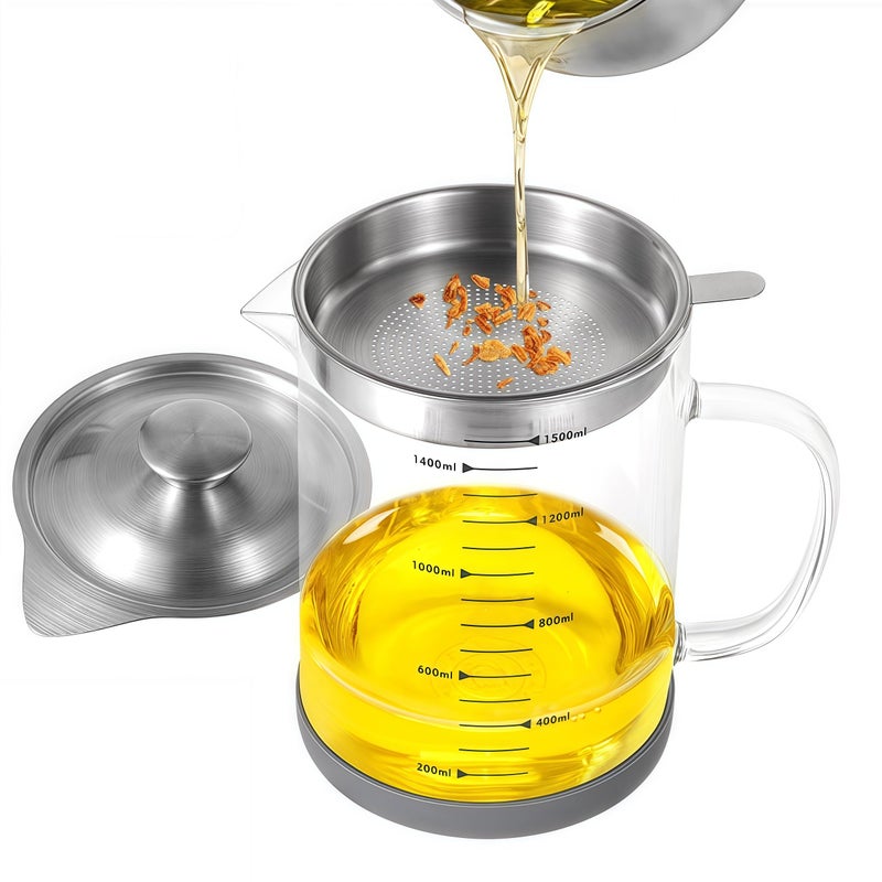 Maylmc Premium Bacon Grease Saver with Strainer - Large 1.5L Grease Container for Kitchen with Stainless Steel Filter, Used Oil Storage & Bacon Drippings Keeper (50oz, Borosilicate Glass, Non-Slip Base) - Image 1