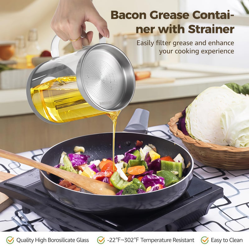 Maylmc Premium Bacon Grease Saver with Strainer - Large 1.5L Grease Container for Kitchen with Stainless Steel Filter, Used Oil Storage & Bacon Drippings Keeper (50oz, Borosilicate Glass, Non-Slip Base) - Image 3