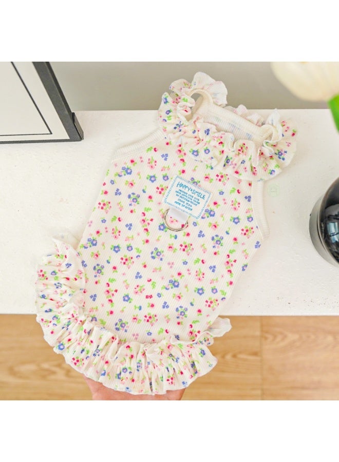 Multi-color Floral Pet Dress with Leash Ring - Vibrant Blue Red & Green Flower Print Puppy Outfit, Breathable Thin Ruffled Hem Cat Clothes, Cute Summer Dog Apparel, Size M - Image 4