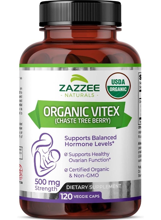 Zazzee Usda Organic Vitex, 500Mg, 120 Veggie Caps, Usda Certified Organic, Potent 4:1 Extract - Image 1