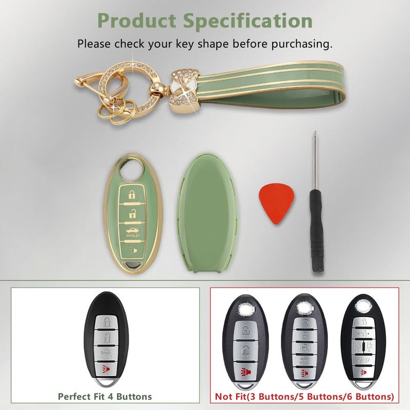 PIFOOG Key Fob Cover Fit for Nissan 4 Button Altima Rogue Sentra Murano Kicks Armada Pathfinder Versa Titan Leaf Green Car Keys Case Shell Protector Covers Accessories Bling Keychain Girly TPU - Image 2