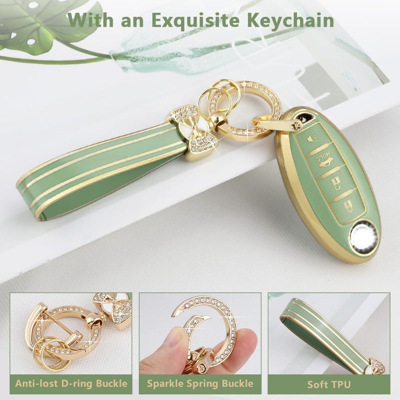 PIFOOG Key Fob Cover Fit for Nissan 4 Button Altima Rogue Sentra Murano Kicks Armada Pathfinder Versa Titan Leaf Green Car Keys Case Shell Protector Covers Accessories Bling Keychain Girly TPU - Image 5