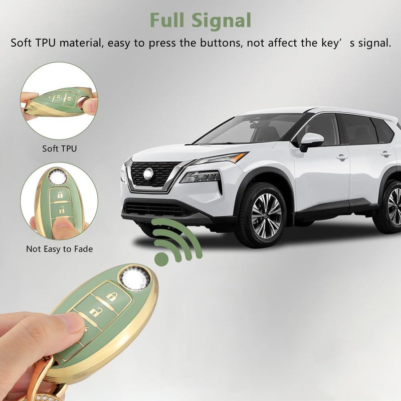 PIFOOG Key Fob Cover Fit for Nissan 4 Button Altima Rogue Sentra Murano Kicks Armada Pathfinder Versa Titan Leaf Green Car Keys Case Shell Protector Covers Accessories Bling Keychain Girly TPU - Image 4