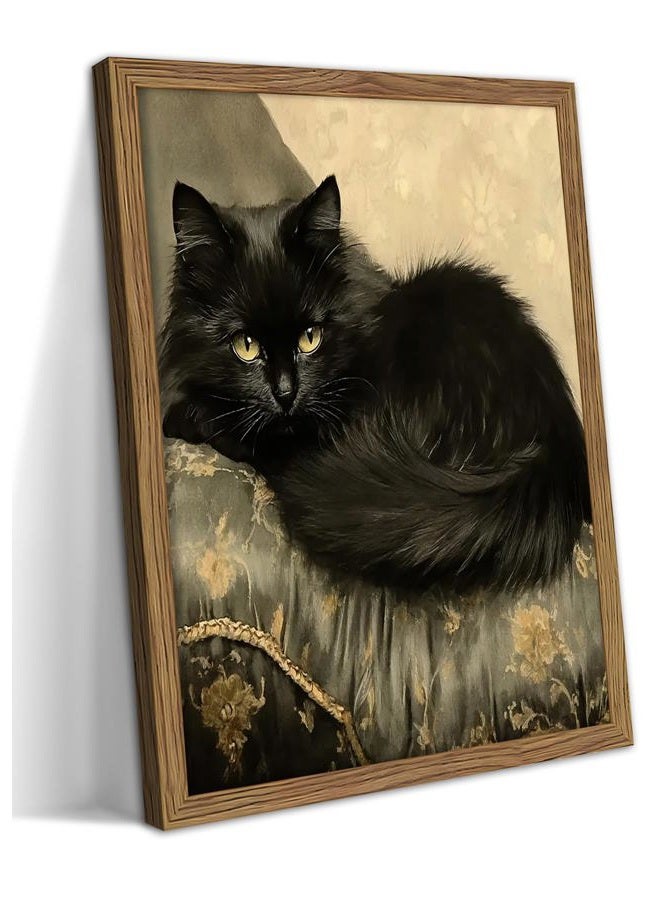 AKWISH Black Cat Wall Art Framed, Vintage Cat Painting Print, Classical Animal Canvas Wall Decor, Rustic Cottagecore Aesthetic Pictures for Living Room Bedroom Home – 10x8 inch - Image 1