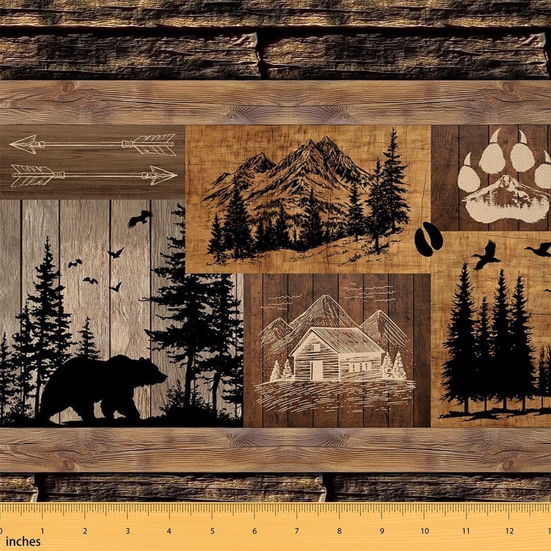Wild Bear Upholstery Fabric for Chairs Rustic Farmhouse Decor Lake Cabin Outdoor Fabric by The Yard 72"x63", Retro Wood Camo Vintage Lodge Country Waterproof Fabric - Image 1