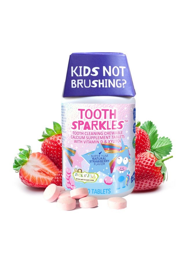 Jack N' Jill Tooth Sparkles - أقراص الكالسيوم لتنظيف الأسنان، تدعم نمو الأسنان والعظام، بنكهات طبيعية، مع إكسيليتول وفيتامين د والكالسيوم، خالية من السكر - بنكهة الفراولة الطبيعية، 60 قرصًا