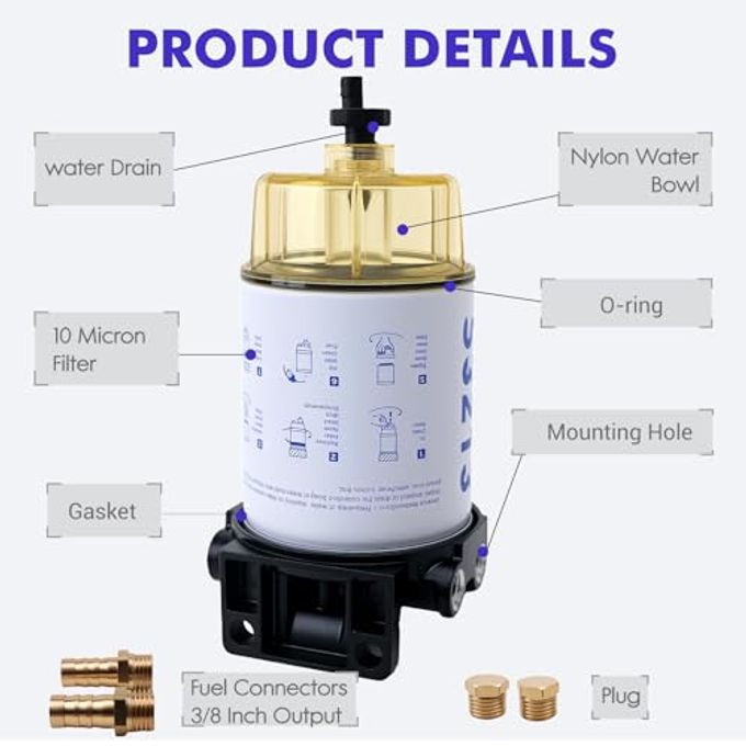TRSCJXN S3213 Fuel Water Separator Marine Kit Compatible with Yamaha Mercury Marine Outboard Motor Mercury with 3/8" Barb x 1/4" NPT brass Fittings Replaces B32013, 35-60494-1, 18-7932-1, 18-17928, 35-809097 - Image 2