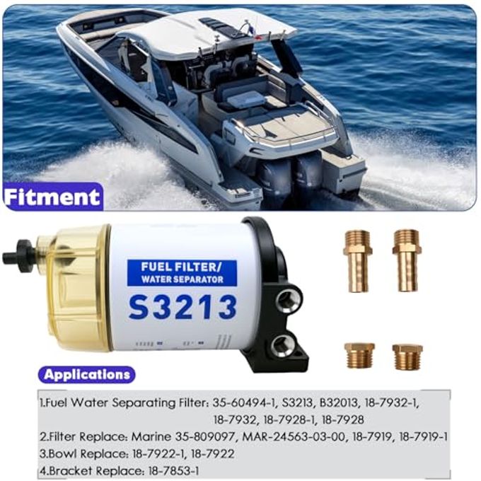 TRSCJXN S3213 Fuel Water Separator Marine Kit Compatible with Yamaha Mercury Marine Outboard Motor Mercury with 3/8" Barb x 1/4" NPT brass Fittings Replaces B32013, 35-60494-1, 18-7932-1, 18-17928, 35-809097 - Image 3
