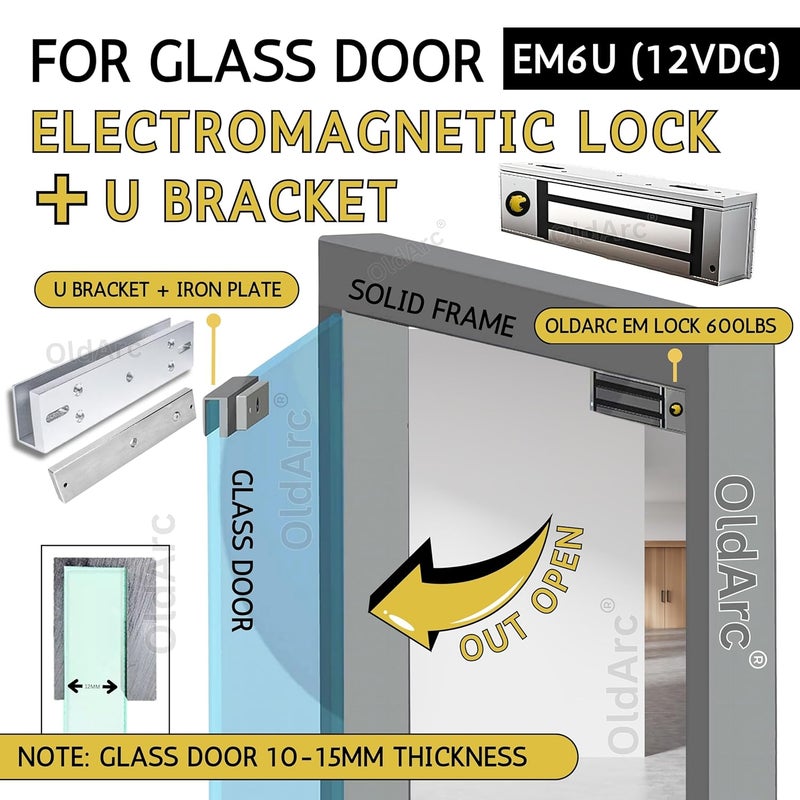 OldArc (EM6U) EM Lock for Glass Door + U Bracket Electromagnetic Lock 12VDC | Zinc Finish 600lbs Electromagnetic Door Lock Access Control | GlassDoor EMLock 600lbs for Outswing Glass Door - Image 2