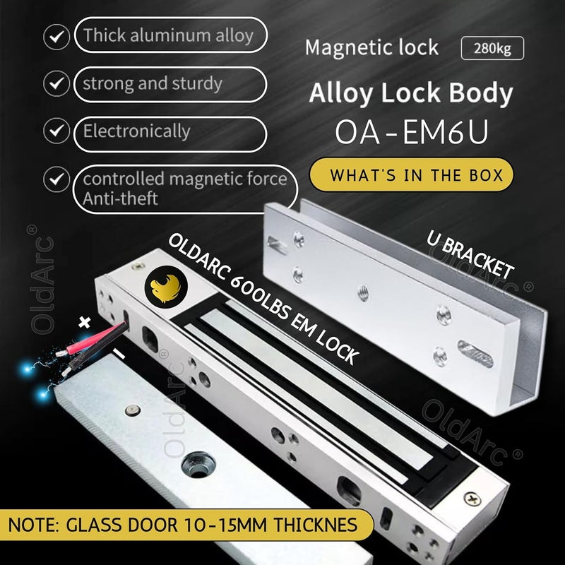 OldArc (EM6U) EM Lock for Glass Door + U Bracket Electromagnetic Lock 12VDC | Zinc Finish 600lbs Electromagnetic Door Lock Access Control | GlassDoor EMLock 600lbs for Outswing Glass Door - Image 3