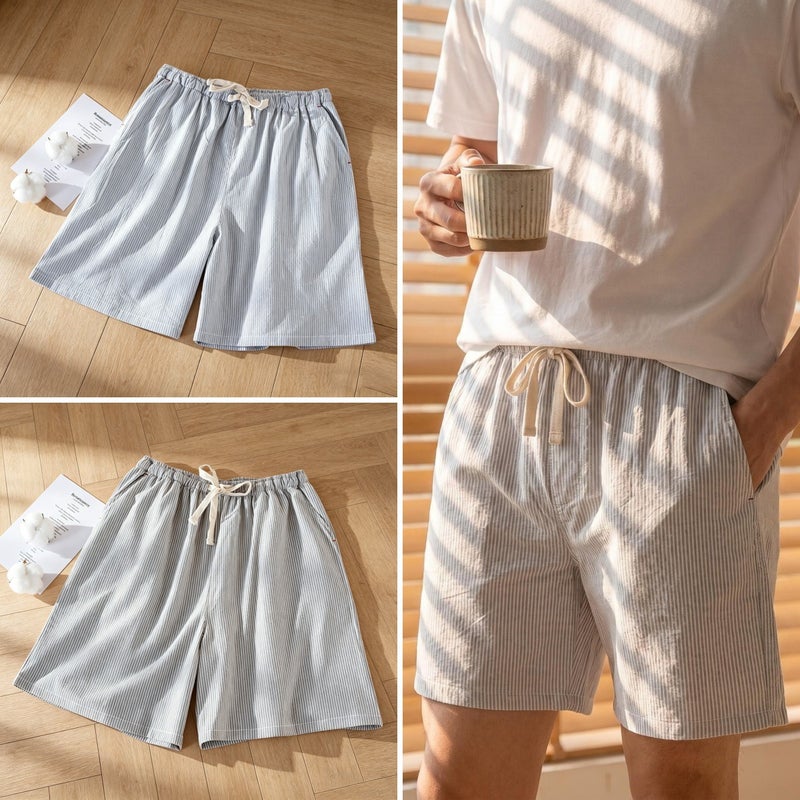 Men's Casual Cotton Striped Shorts with Pockets, Loose Fit, Mid-Length - Image 1