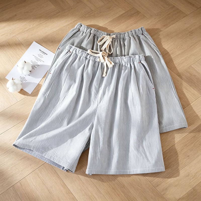Men's Casual Cotton Striped Shorts with Pockets, Loose Fit, Mid-Length - Image 2