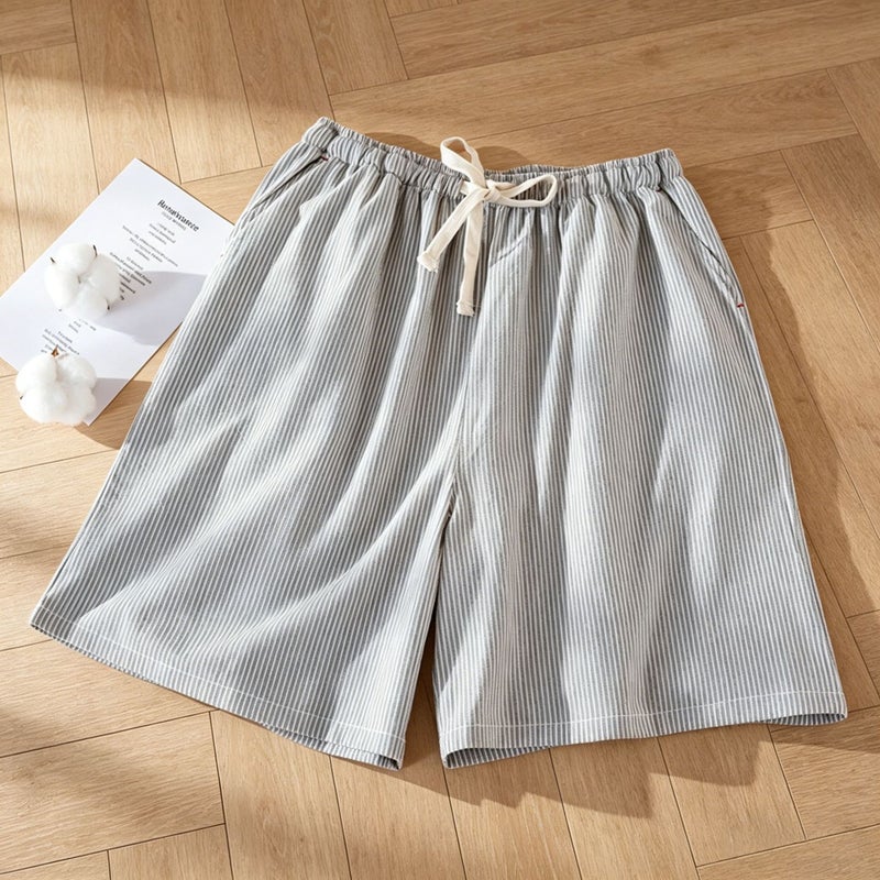Men's Casual Cotton Striped Shorts with Pockets, Loose Fit, Mid-Length - Image 3