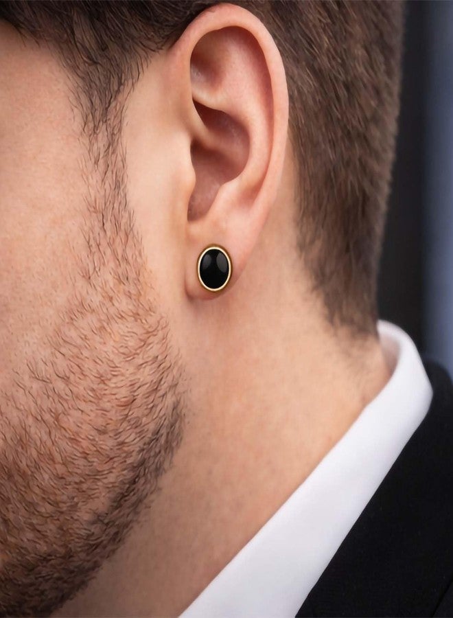 Utkarsh (1 Pair) Unisex Fancy & Stylish Stainless Steel Gold Plated Glossy Finish Elegant Black Round Greek Pattern Design Dumbbell/Barbell Stud Ear Piercing Earrings for Men & Women - Image 2